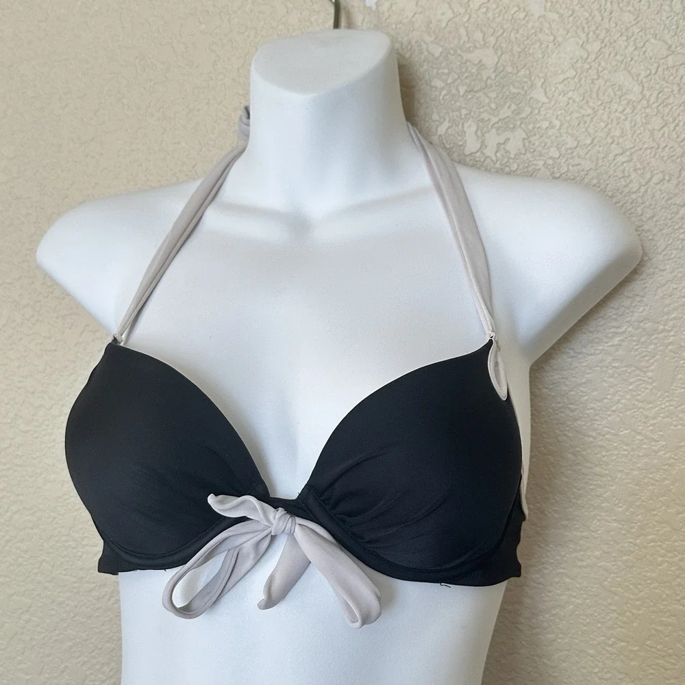 Victorias Secret Bikini Top Black Cream Halter Tie Bow Front 34a